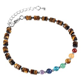 Nupuyai 4 mm 7 Chakra Beads Bracelet Anklet Colourful Healing Friendship Bracelet Adjustable Yoga Bracelets for Couples Protection Jewellery Women, Stone Metal, Tiger-eye Stone