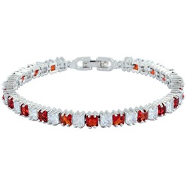 [RIZILIA Ice Cube] Princess Cut Simulated Red Ruby CZ 18K White Gold Plated Tennis Bracelet, 7"