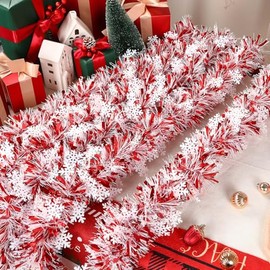 Alupssuc 8 Pieces Total 50 FT Christmas Tinsel Garland with Snowflakes Sequins, Metallic Shiny Twist Garland Hanging Decorations for Christmas Party Indoor and Outdoor Decor, Red and White