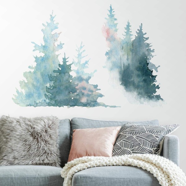 RoomMates RMK3851GM Watercolor Pine Tree Peel and Stick Giant Wall Decals, Blue, Pink