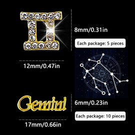 MOLILON 15pcs 3d Gold Gemini Nail Charms 5pcs Zodiac Signs and 10pcs Zodiac Letter Nail Studs Rhinestones Crystal Alloy Twelve Constellation Charms for DIY Crafts Jewelry Decoration Nail Supplies