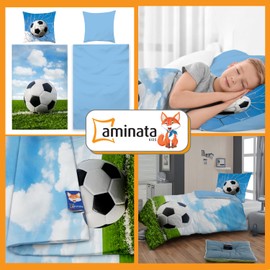 Aminata kids - Football Bed Linen 135 x 200 cm Boys - Football Fan Motif Polycotton - with Zip - Reversible Teenage Children's Bedding Set Blue