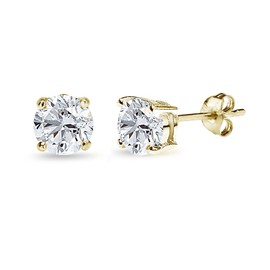 Yellow Gold Flashed Sterling Silver 6mm Round Solitaire Stud Gemstone Birthstone Earrings for Women Girls Bridesmaids, Sterling Silver, Cubic Zirconia