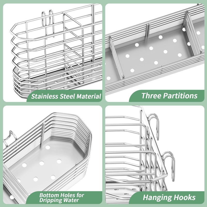 304 Stainless Steel Utensil Holder, Silverware Drying Rack with Hooks