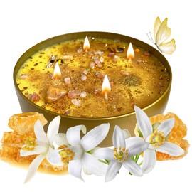 Oshun Conjuring Candle for Love, Wealth, Fertility and Marriage| Aromatherapy Tin Candle| Natural Coconut Wax Candle with Natural Clear Quartz & Citrine Crystals, Florals & Essential Oil (Large 16 oz)