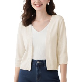 Urban CoCo Women's Lightweight 3/4 Sleeve Cropped Cardigan Casual Open Front Summer Cover Up, Beige, X-Large