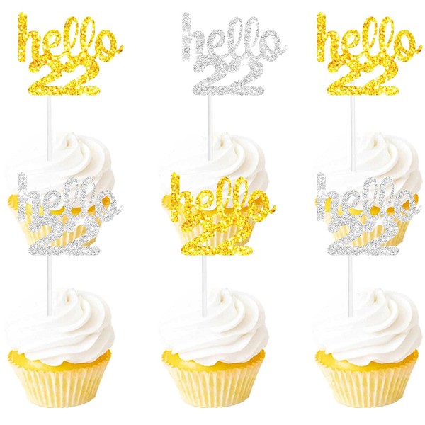 18PCS Hello 22nd Cupcake Topper Picks for Happy Birthday Party Cheer to 22 Years Old Theme Party Decoration Supplies Celebrating Anniversary Gold silver Glitter
