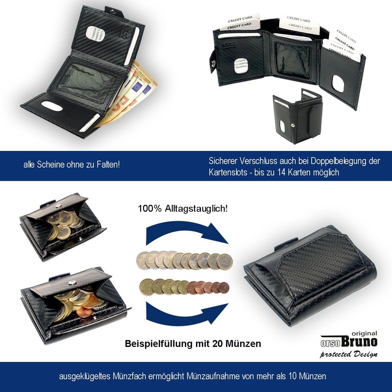 Slim Wallet Deluxe, Carbon leather black with comfort coin compartment,