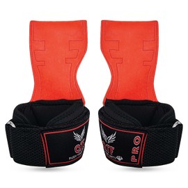 QTF Weight Lifting Grips (Pair) for Heavy Powerlifting, Wrist Straps for Deadlifts, Rows, Pull Ups, with Neoprene Padded Wrist Wraps Support and Strong Rubber Gloves or Straps for Bodybuilding (Red, L)