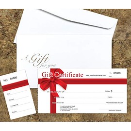 Gift Certificates for Business with Your Store Name and Address, Comes with Free Matching Envelopes and Sequential Numbering Printing (Red Ribbon)