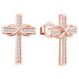 INFINIONLY Necklace and Earrings studs for women girl, 925 silver Jewelry Sets, Cross and infinity symbol necklace earring, cross necklace pendant, cross earring stud, Inlaid Zircon, rose gold