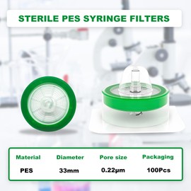 CryoKing 100Pcs Syringe Lab Filter, Sterile PES Hydrophilic Filters, 0.22um Pore Size, 33mm Membrane Diameter for Scientific Laboratory, Individually Packed