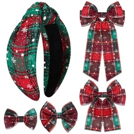 vokone Christmas Headband Hair Bows for Women Red Plaid Snowflake Headband Satin Bow Hair Clip Christmas Hair Accessories Snowflake Plaid