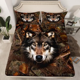 Wolf Kids Sheet Twin Size,Camo Dead Branches Rustic Farmhouse Bedding Set,Girls Boys Adults Room Decor,Wild Animals Hunting Adventure Brown Retro Bed Sheet Set 3pcs(Fitted + Flat + 1 Pillowcase)