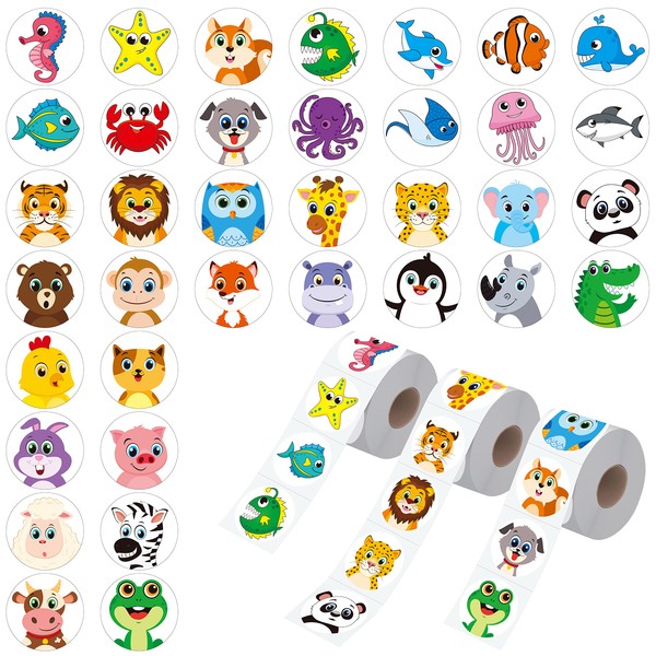 1800 PCS Round Animal Stickers, 36 Designs Wild/Farm/Marine Animal Cartoon Teacher Reward Stickers for Kids, Party Decoration Sticker for School Classroom Home with Perforation Line(1” Each, 3 Rolls)
