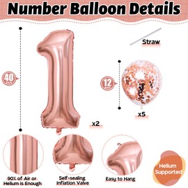 16th Birthday Balloons for Girls, 40 Inch Foil Self Inflating Number 16 Balloons with Rose Gold Confetti Balloons, Large Balloons for Women 61st Birthday Party Decor Anniversary Decorations Supplies