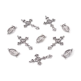 Pandahall 10pcs Alloy Crucifix Cross Charms Pendant & 10pcs Virgin Links Charms for Easter Rosary Necklace Jewelry Making, Antique Silver