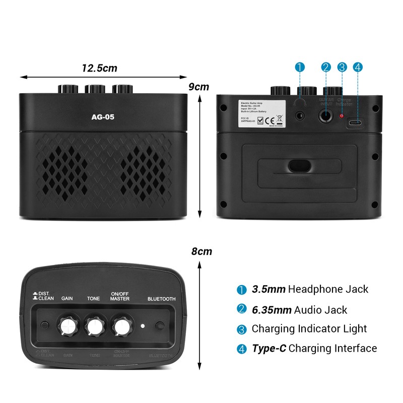 AROMA AG-05 Bluetooth Electric Guitar Amp Amplifier 5-Watt Stereo Output