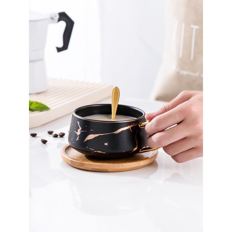 Jusalpha 2 Pack Golden Hand Print Black and White Teacup