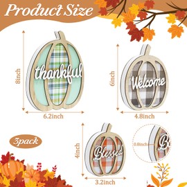 [ Double Sided & 3 Styles ] Fall Decorations for Home-Thankful Welcome Blessed 3 Pcs Fall Pumpkin Wood Table Sign, Fall Decor Autumn Harvest Thanksgiving Farmhouse Kitchen Home Decor, Three Sizes