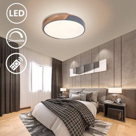 EDISLIVE Ceiling Light Dimmable 15inch Modern Minimalist LED Round Shaped Wood & Metal & Acrylic Flush Mount Ceiling Light with Remote Control Gray
