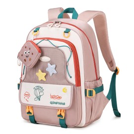 Tanou Girls' School Bag, Large School Backpack for Children, Teenagers from 8 to 16 Years, Casual School Bag with Star Badge and Coin Bag for School Travel, pink / brown