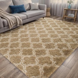 ISMOL Soft Rug Living Room Bedroom Shaggy Rug Fluffy Shaggy Rug Modern Indoor Non-Slip Washable (Khaki, 60 x 90 cm)