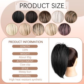 GWAWG Ponytail Extension，Claw Clip Bun Hair Piece， Short Straight Ponytail Extensions ，Messy Hair Bun， Natural Synthetic Fake Pieces for Women (1B)