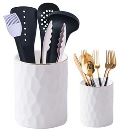 YOSCO Kitchen Utensil Holder, 6.15"+4" Ceramic Cooking Utensil Crocks Cutlery Holder for Kitchen Countertop, Morden Utensil Organizer for Spatula Sliverware, Set of 2 (White)