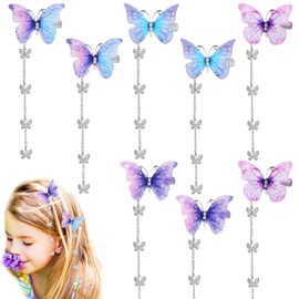 WLLHYF Pack of 8 Butterfly Tassel Hair Clips Movable Fabric Butterfly Hairpin with Removable Tassel Cute Rhinestone Pins Side Clip Hair Clips Accessories for Women Girls (Style 1)