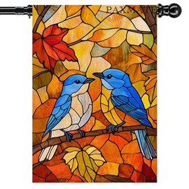 Stained Glass Fall House Flag Cardinal Blue Birds 28x40 Inch Double Sided, Large Burlap Yard Flags for Outside Maple Leaves Autumn Porch Lawn Flags Decorative