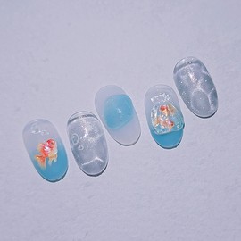 Water Meong Handmade Nail Tips Water Bag Goldfish Nail - Coffin Long / 물멍 수제네일팁 물봉지 금붕어네일 - 코핀롱