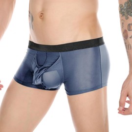 Feelonger Men's Dual Pouch Underwear Bulge Boxer Briefs Separated Pouch See-through Redundant Prepuce Physical Therapy Trunks (US, Alpha, 3X-Large, Regular, Regular, Gentleman Navy blue)