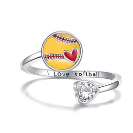 Softball Ring Sterling Silver Softball Heart Adjustable Open Ring Sports Mom Jewellery Gifts for Women