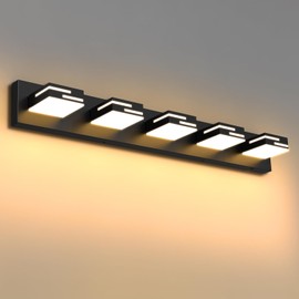 LKHF LED Modern Bathroom Vanity Light Fixtures 5-Light 5CCT Dimmable Matte Black Vanity Lights for Bathroom Lighting Fixtures Over Mirror, with 350° Rotatable Acrylic Heads, 34-inch
