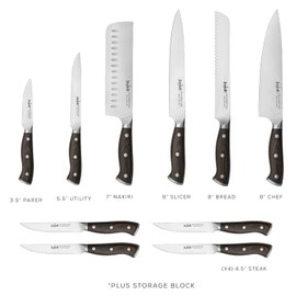 JoyJolt 11pc Kitchen Knife Set with Block. High Carbon, x50 German Steel Knives Set for Kitchen with Chef, Bread, Slicing, Nakiri, Utility, Paring and 4pc Steak Knife Set for Black Kitchen Decor