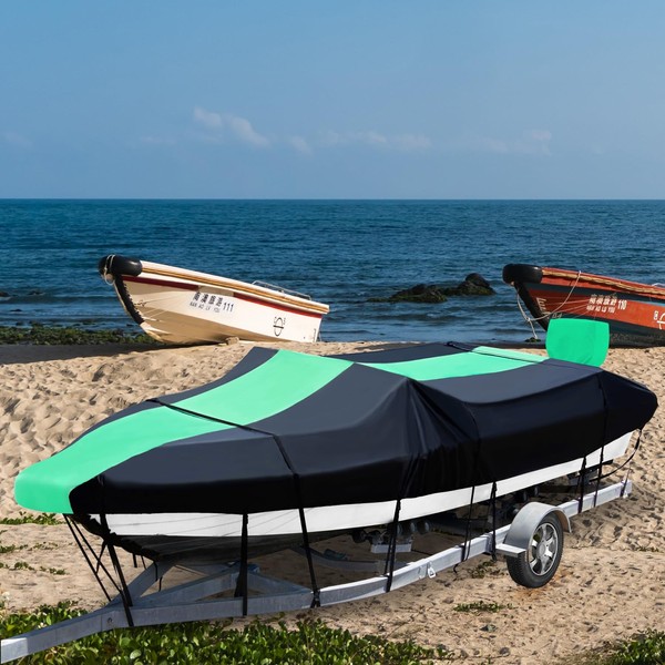 XYZCTEM Boat Cover 210D Marine Grade Waterproof UV Resistant 22'-24' Boat Cover,Fits V-Hull,Fishing Boat,Runabout,Fish&Ski,Pro-Style,Bass Boat (Beam Width: up to 102", Black&Green)