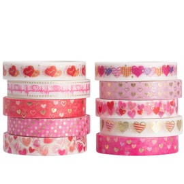 YUBBAEX 10 Rolls Sparkling Washi Tape Set 8mm Skinny Gold Foil Decorative Masking Washi Tapes for Journal,Scrapbook, Planner, DIY Crafts (Sweety Hearts)