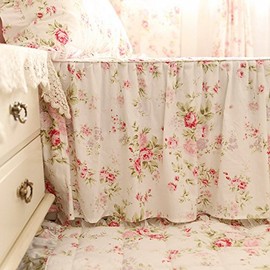 Kolachic Country Rose Roses Pink Floral Flower Bed Coverlets Dust Ruffle, 3 Pieces, 1 Bed Skirts & 2 PCS Pillowcases 100% Cotton (Vintage Rose, Queen)