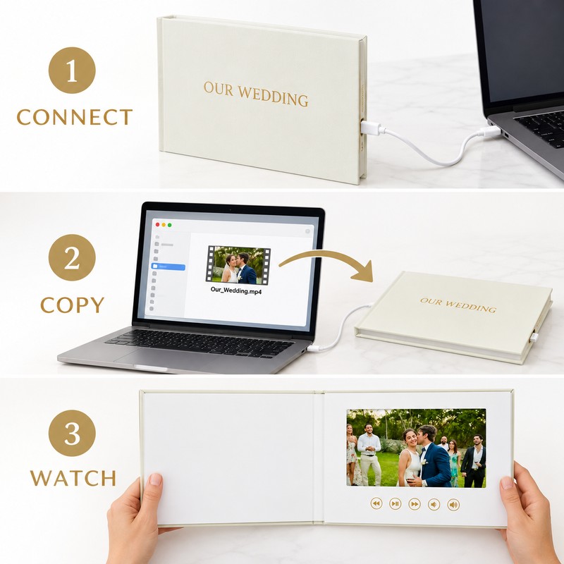 7 Inch Digital Wedding Video Album, Linen Hardcover Video Book