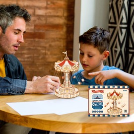 ROKR 3D Puzzles Wooden Music Box Kit with LED, Rotating Swing Ride Mechanical Model Kit DIY Wood Craft Hobbies Kit for Adults Birthday for Boys/Girls