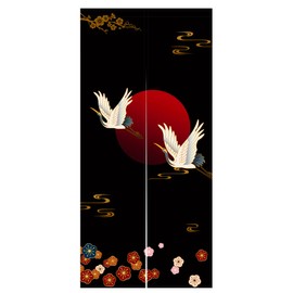 LIGICKY Noren Doorway Curtain Japanese Style White Cranes Red Sun Gold Colourful Cherryblossom Printed Cotton Linen Window Treatment Door Tapestry for Home Decoration 33.5" Width x 70.9" Long