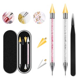 Kzvsiy Rhinestone Picker Tool-Dual-Ended Acrylic Handle Rhinestones Applicator with 2 Extra Wax Tips and 1 Tweezer for DIY Nail Art and Gem Decoration (White and Pink)