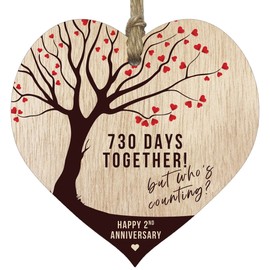 2nd Wedding Anniversary Wooden Heart Plaque, Light Wood Sign Keepsake, Celebrate Cotton Anniversary Wife Husband Boyfreind Girlfriend Mum or Dad, Plaque with Quotes Gifts from the Kids