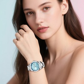 SHENGKE Minimalist Quartz Watches for Women with Date Stainless Steel Bracelet and Fashionable Colour Dial, Silver-Blue, Bracelet