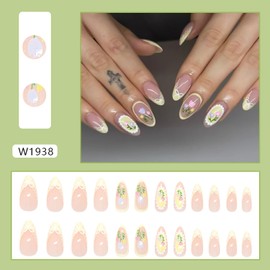 Bow French Tip Press on Nails Medium Almond Shaped Fake Nails Cute Flower Stick on Nails Summer False Nails with Design Small Flowers Artificial Nails Glossy Glue on Nails for Women DIY Manicure