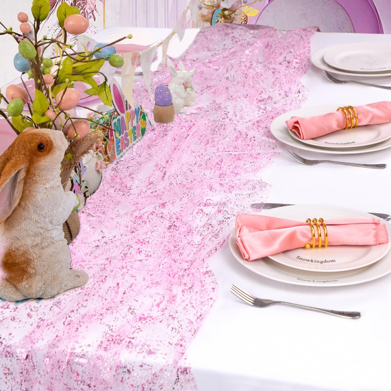 Snowkingdom 10 FT Pink Easter Cheesecloth Table Runner Sequin Glitter
