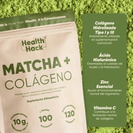 Health Hack Matcha con Colágeno Hidrolizado en Polvo, Matcha Grado Ceremonial, 10 g Colágeno Tipo I y III, 120 mg Ácido Hialurónico, L-Teanina, Vitami