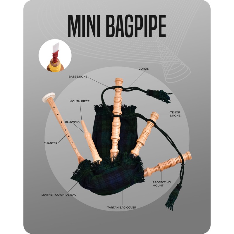 Mini Miniature Bagpipe, Rosewood Bagpipe for Beginners Playable Gift. (BlackWatch)