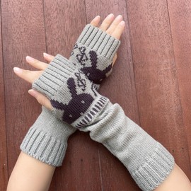 DUNKOING Knitted Arm Warmer Cute Bunny Fingerless Glove Y2K Kawaii Wrist Warmer Warm Sleeves for Women Girls Ladies, Light Grey, 12.6 inches x 3.15 inches